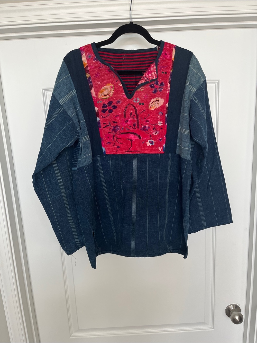 Boho Indigo Tunic with Red/Punk Embroidered Yoke